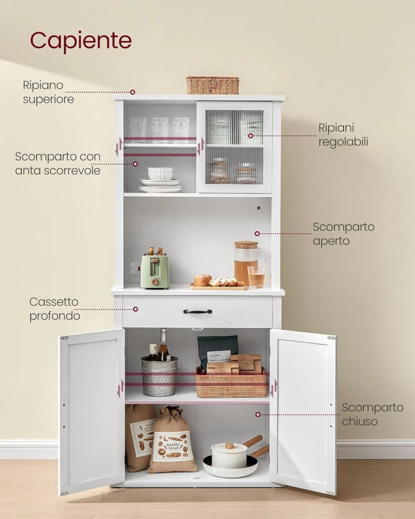 VASAGLE Credenza Cucina con Luce e Multipresa, Mobile Dispensa Cucina con Ante e Cassetto, 39,5 x 80,4 x 180,6 cm, con Ripiani Regolabili, Stile Farmhouse, Bianco Nuvola BBK363W21