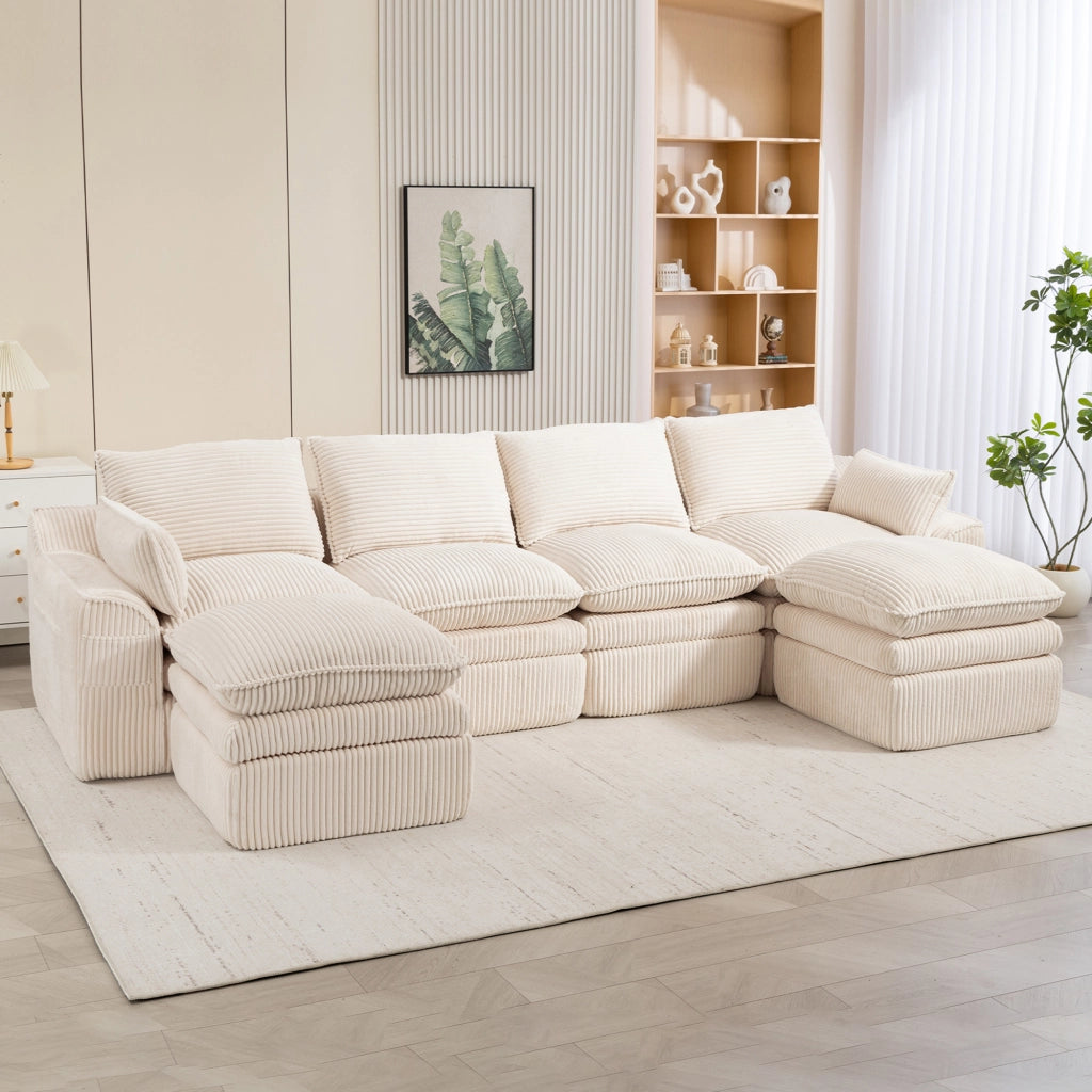 Divano Modulare 4 Posti con 2 Pouf ¨C MINIMAL ¨C Tessuto Beige, Cuscini, Tasche Laterali