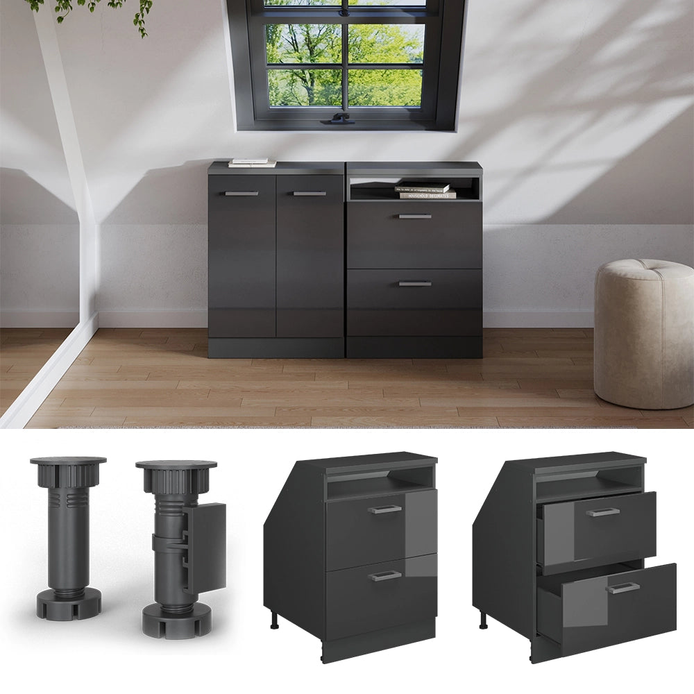 Mobile sottotetto Rion Antracite lucido/Antracite 60 x 83.8 cm con 2 cassetti, carcassa 60 cm profondità Vicco