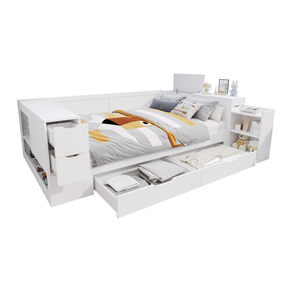 OKWISH Letto a Divano 140×200 cm, Letto Matrimoniale con Cassetto Grande, Ripiani e Armadietti Contenitore, senza Materasso, in MDF, Bianco
