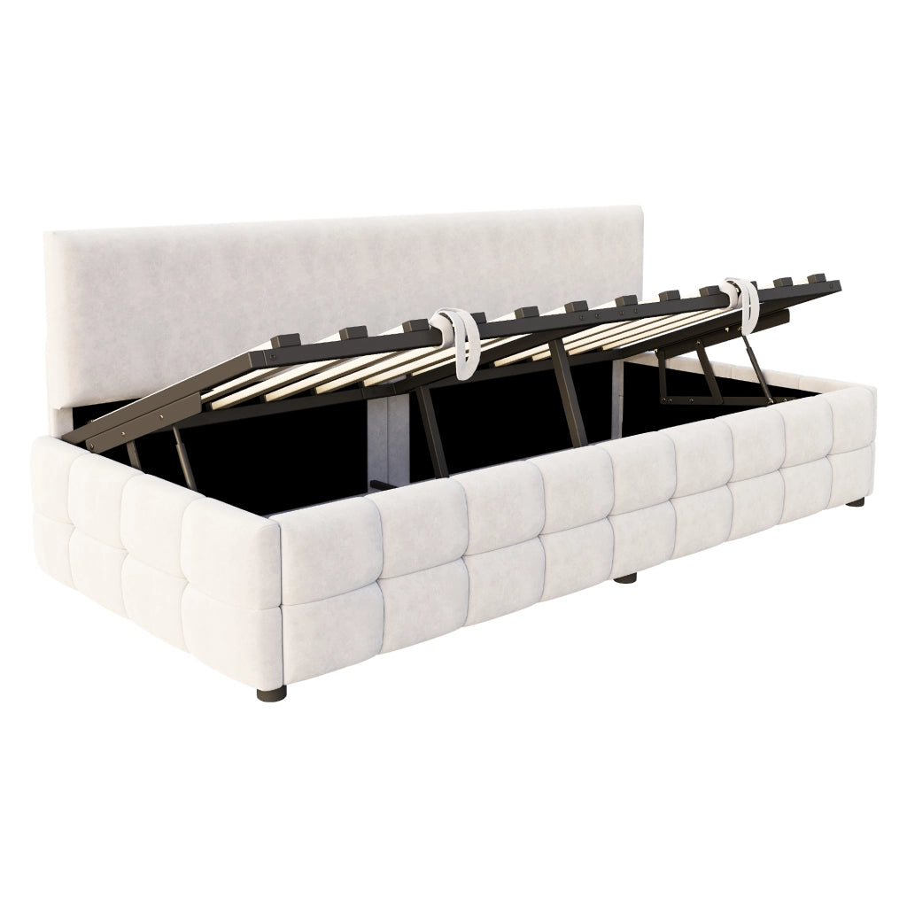 Letto imbottito singolo 90×200 cm con contenitore idraulico; rete a doghe e senza materasso; beige