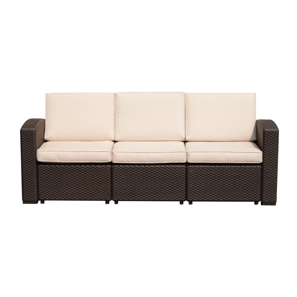 Easycomfort Divano a 3 Posti in PP Plastica ad Effetto Rattan, Divano da Giardino con Cuscini, Marrone e Champagne, 199x71x75cm