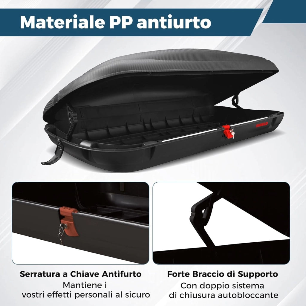 Box da Tetto per Auto XL, Baule Tetto Universale Rigido Impermeabile Super Resistente in Fibra Carbonio e Metallo, Portapacchi per Auto con Chiavi, Capacità 75 kg (169 x 80 x 36,5 cm)
