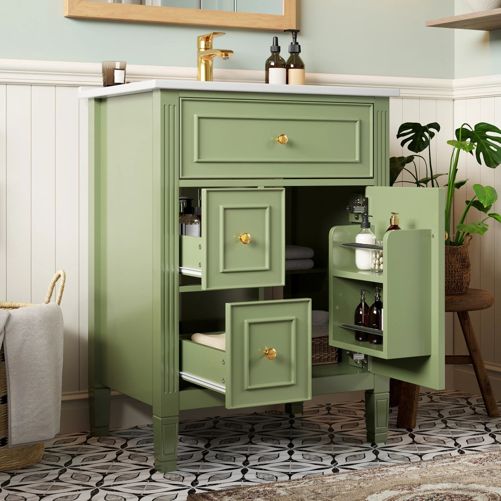 Mobile bagno con 1 anta; 3 cassetti e lavabo in ceramica; soft close; per bagno; 61×47×86 cm; verde