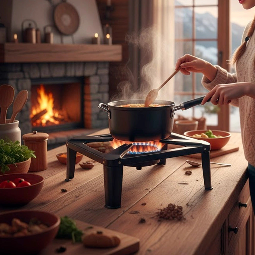 Fornello A Gas GPL 5,5 kW con Bruciatore in Ghisa Struttura a 4 Piedi Stabile Design Compatto Ideale per Campeggio Outdoor Giardino Cucina Esterna 30 x 30 x 11,5 cm Nero