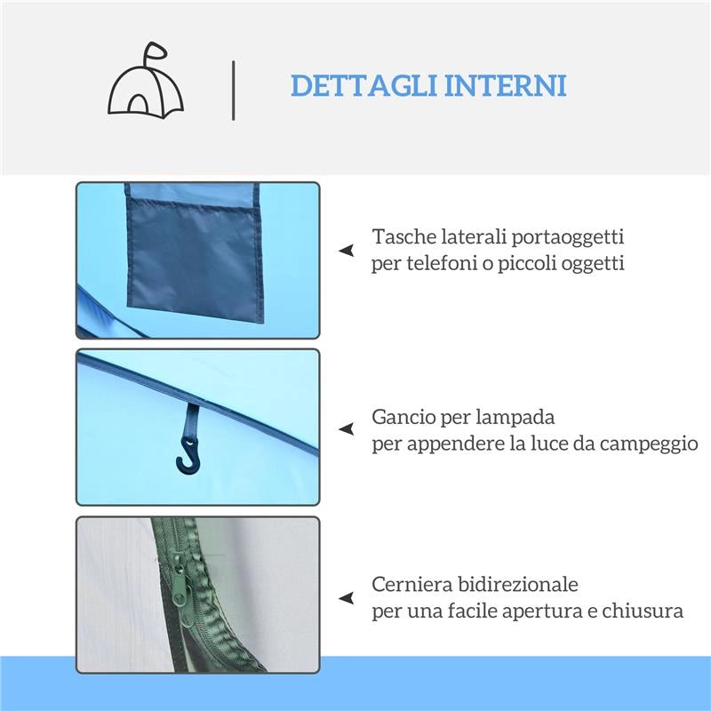 TENDA DA CAMPEGGIO POP UP 2 POSTI CON 2 PORTE, 4 FINESTRE E TELO IMPERMEABILE, 263.5X220X123 CM, BLU