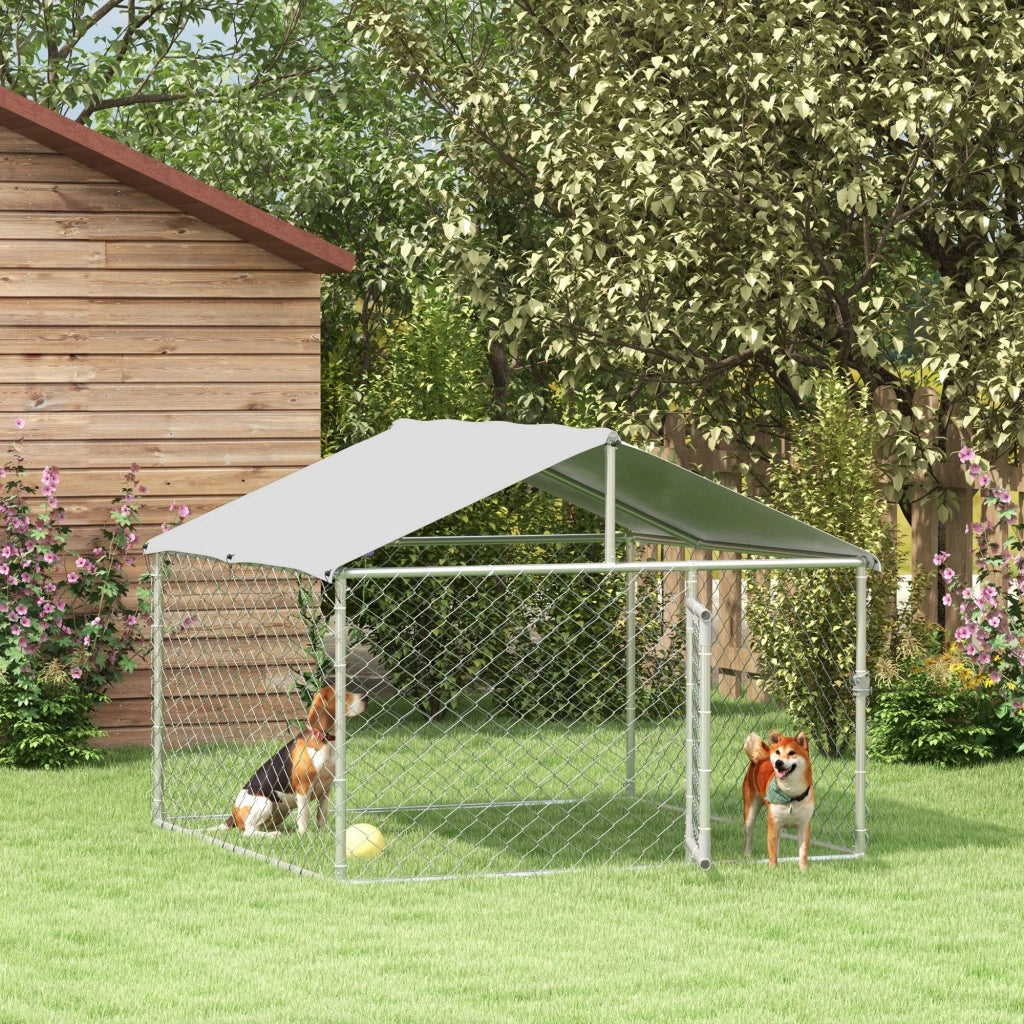 Kennel per Cani da Esterno, Recinto per Animali con Copertura Impermeabile, 200x200x150cm, Argento e Grigio