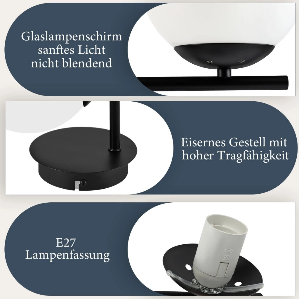 ZMH Lampada da parete nera interna E27 Lampada da letto in vetro con design moderno in metallo Lampada da vintage