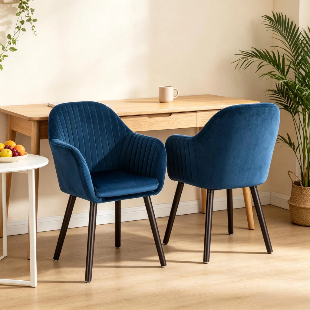 Sedia da pranzo Set da 2 con Braccioli e Schienale Ergonomico, in Velluto Nero e Blu