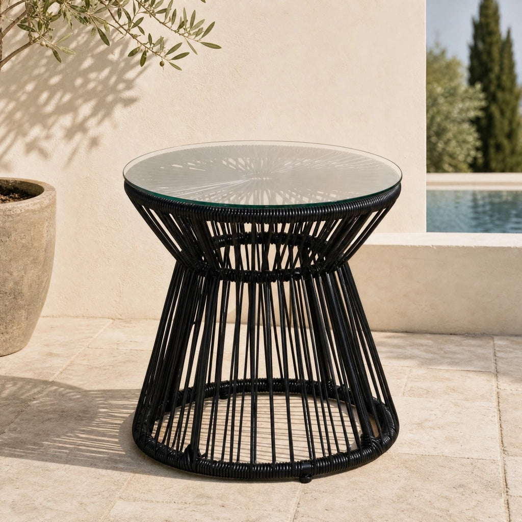 TAVOLINO DA ESTERNO 40x40x42 cm Nero stile Boho in rattan e vetro