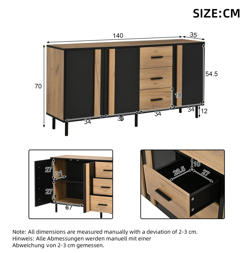Credenza 140x35x70 cm in MDF con 3 ante e 3 cassetti; nero e effetto legno