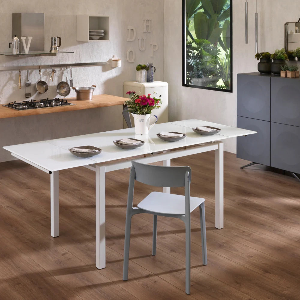 Tavolo da pranzo allungabile in vetro temperato bianco Marlow 130-200x80 cm fino a 8 posti | Duzzle