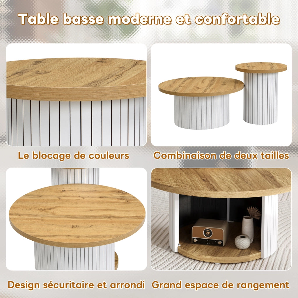 Set tavolini da salotto rotondi in MDF naturale; 75x75x50 cm e 45x45x35 cm