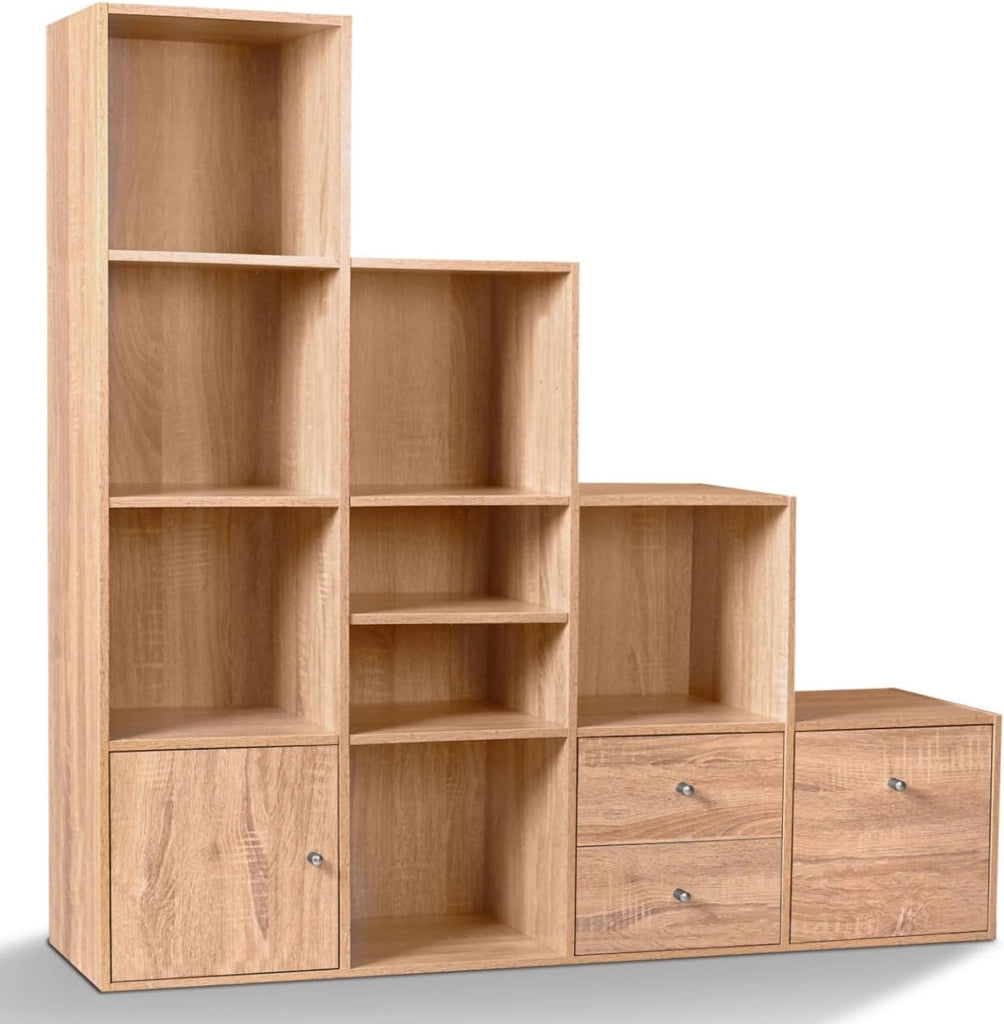 Libreria mobili a forma di scala a 4 livelli, look faggio con anta e cassetti LIAM
