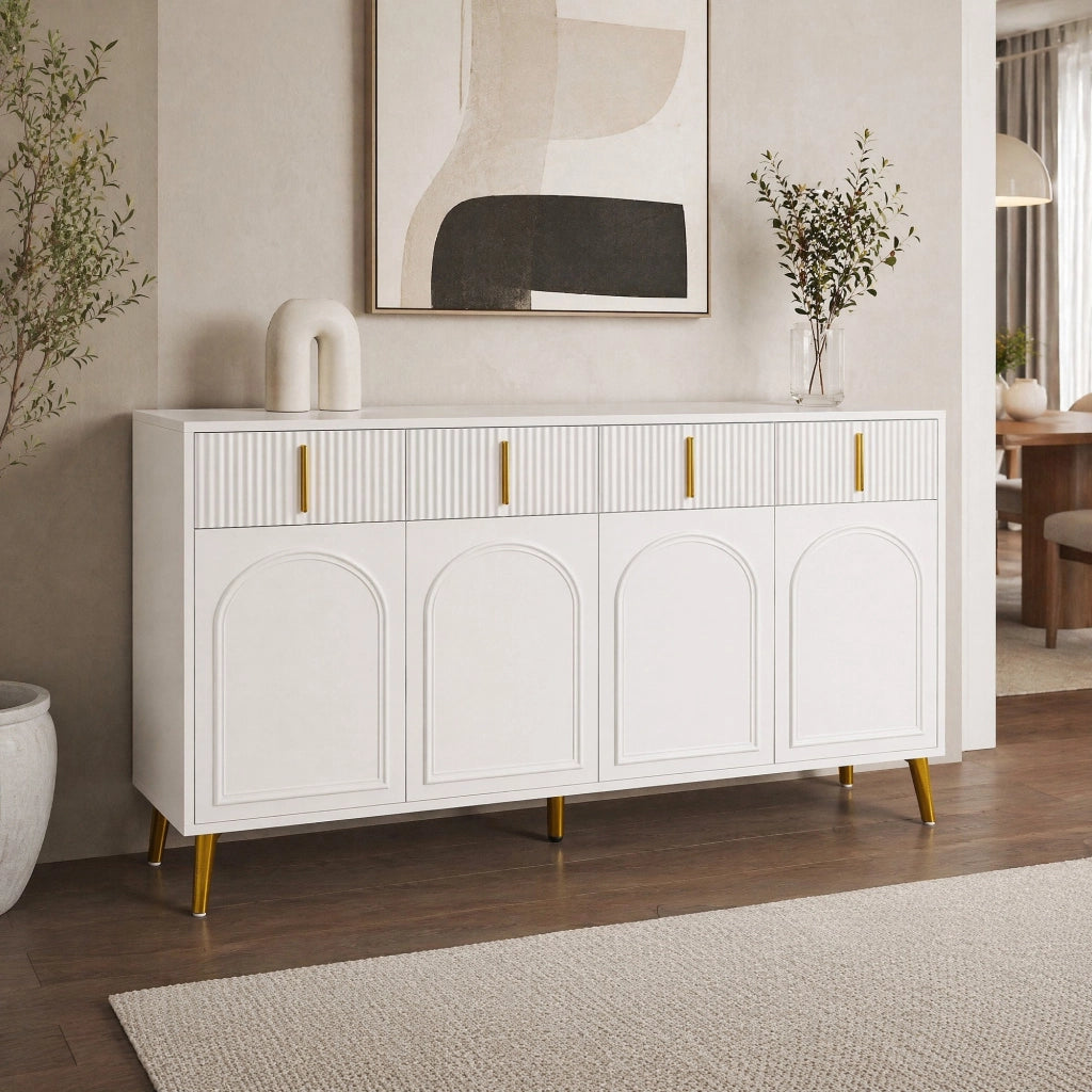 Credenza 140x38x82 cm in MDF bianco con 4 ante; 4 cassetti e dettagli oro