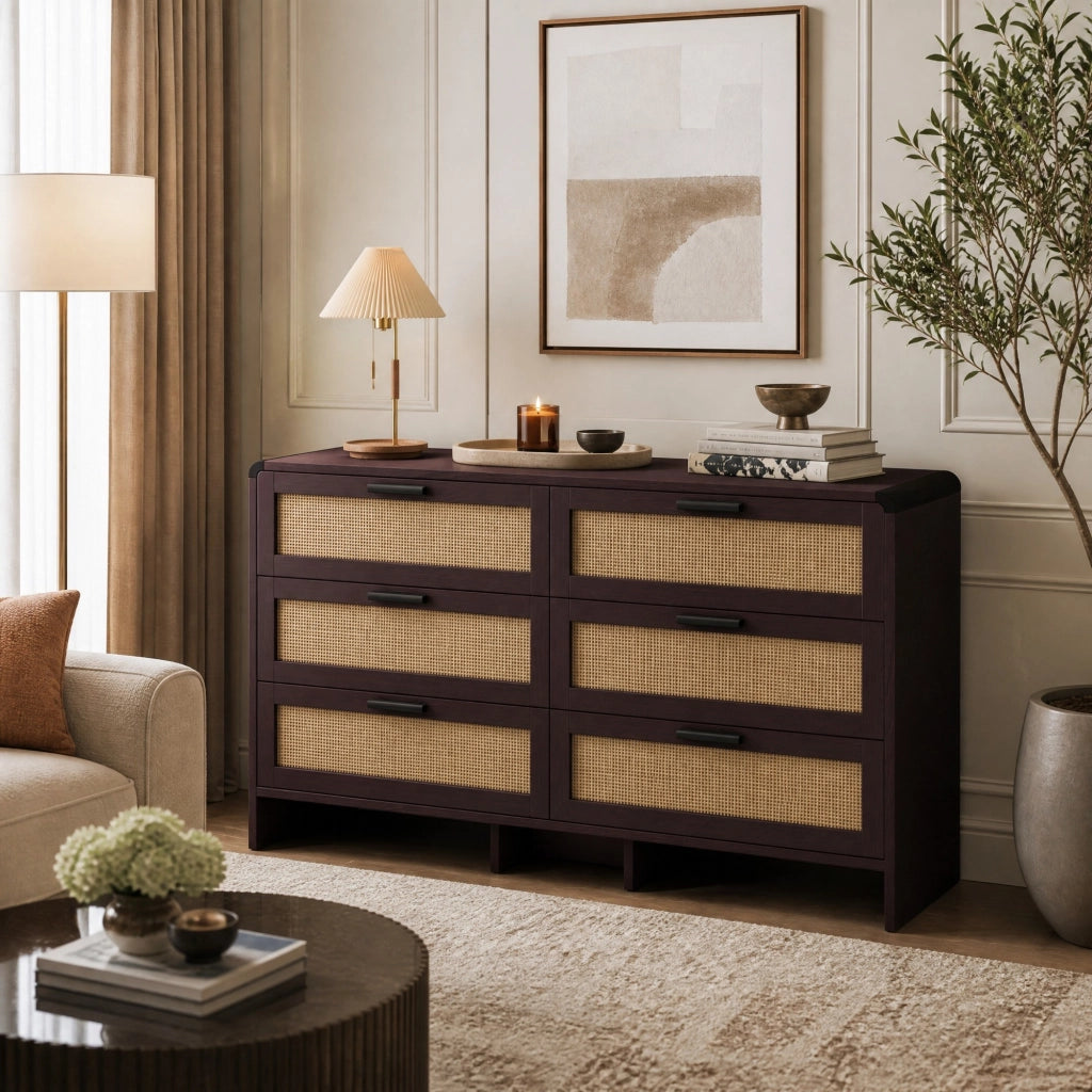 Mobile angolare in rattan con 6 cassetti, 130 cm, colore marrone rossiccio