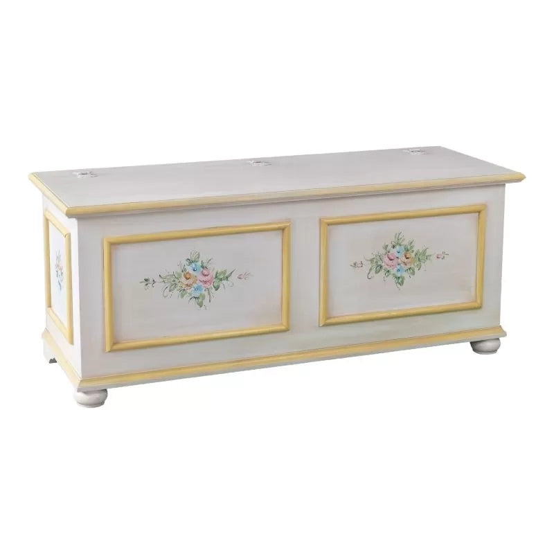 Cassapanca in legno shabby bianco anticato decoro filo giallo 116,5x40,5x46 - Mobili 2G