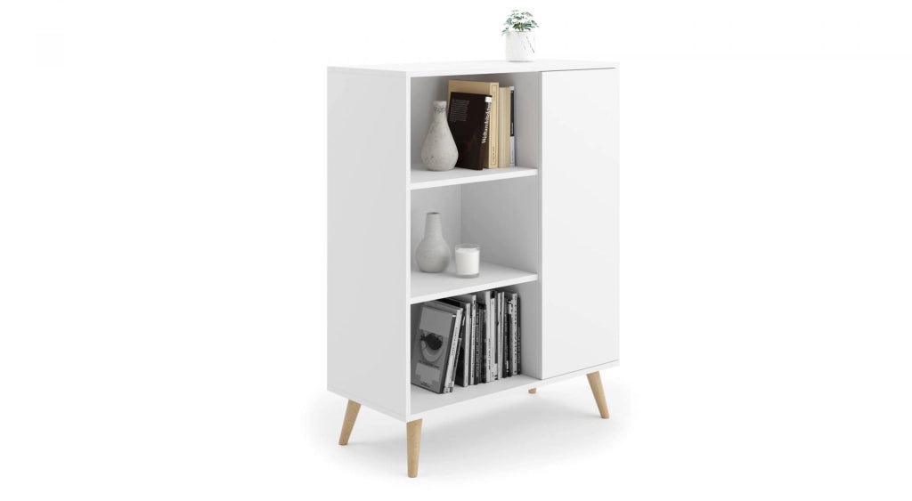 Credenza a 1 anta e 2 Dvicin, Buffet con piedini, Madia da soggiorno in stile scandi, Libreria con scaffali, cm 40x90h116, colore Bianco
