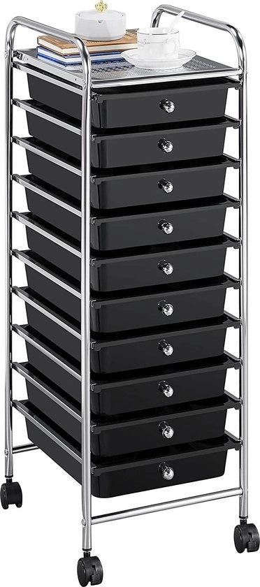 Pannello stivale per bagno - carrello con 10 cassetti e struttura metallica con piatti di appoggio, 32 × 36,5 × 90,5 cm nero