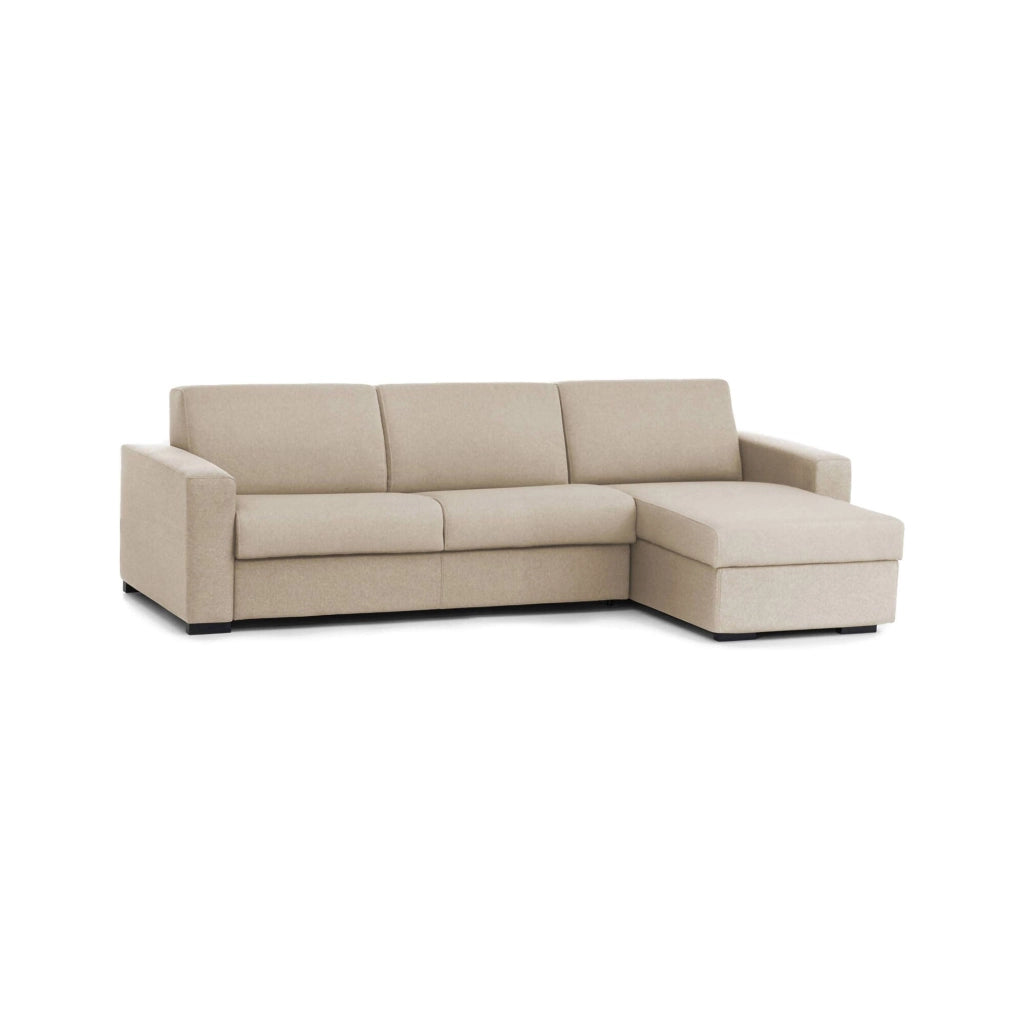 Divano fisso Atos, Divano ad angolo, Made in Italy, SofÒ  Soggiorno, con Penisola contenitore reversibile, in tessuto imbottito, con Braccioli standard, cm 280x95h90, Beige