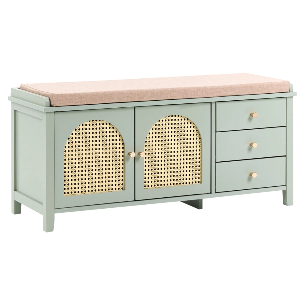 Panca porta scarpe con 3 cassetti e 2 ripiani seduta imbottita legno MDF rattan PE verniciata stile boho verde menta