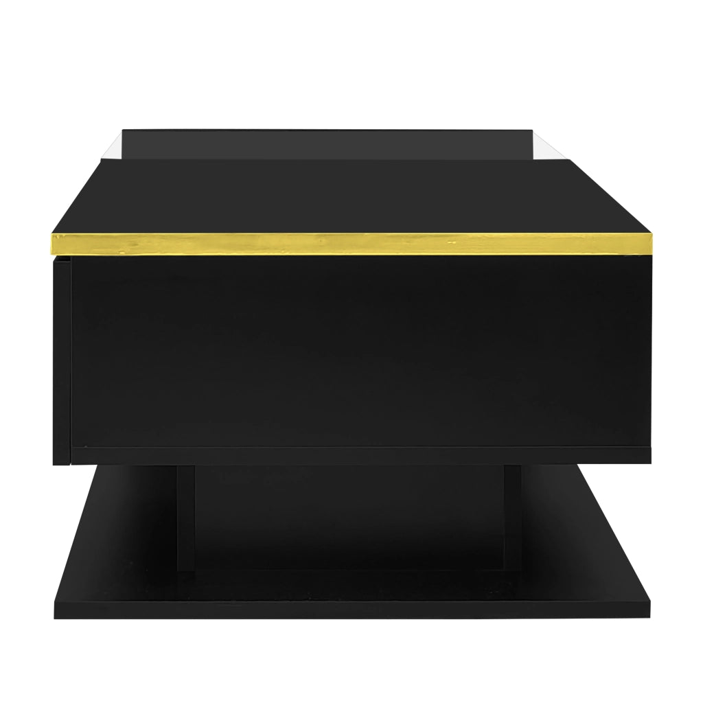 Tavolino da caffè 90x50x32.5 cm; piano in vetro con LED a 16 colori; pannello truciolare nero