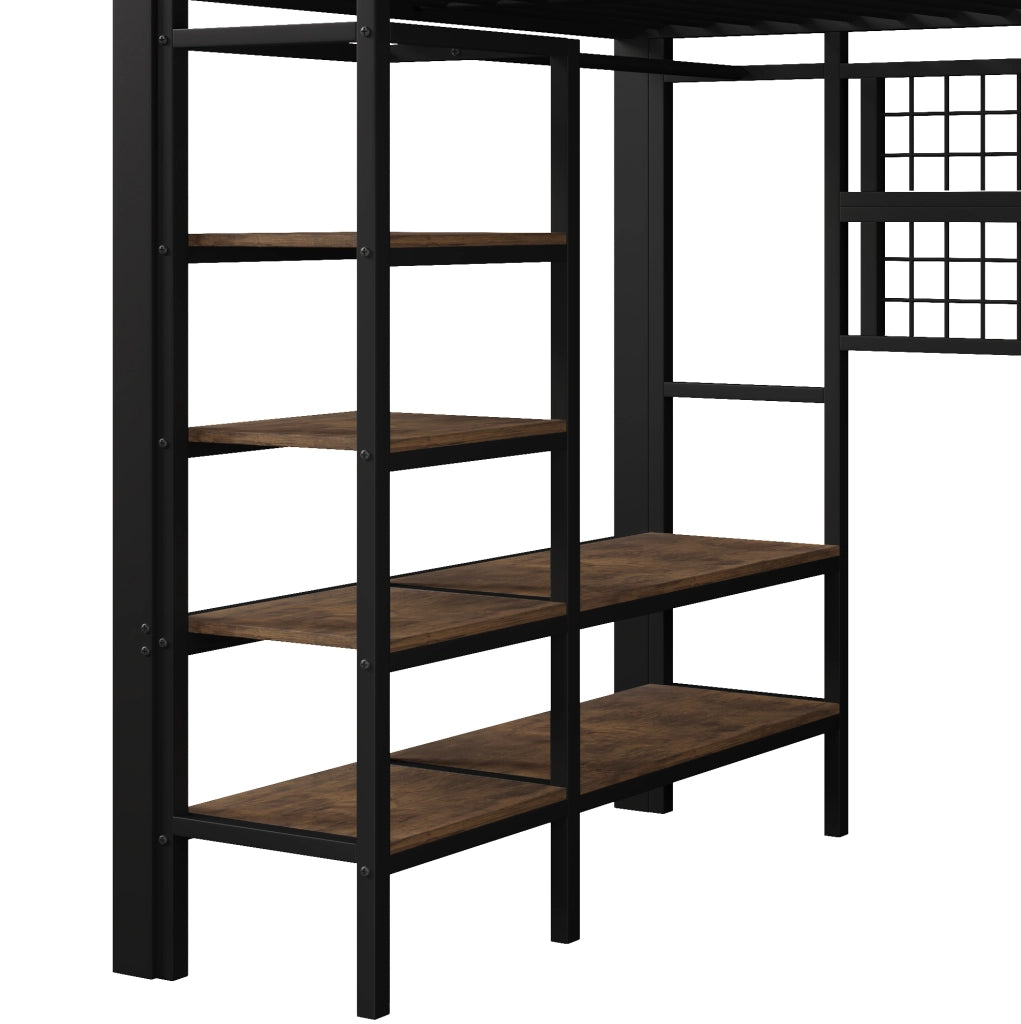 Letto a soppalco 140x200 cm con luce LED; vano aperto; ferro e MDF; nero