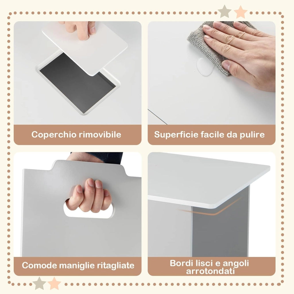 Set di Tavolo e Sedie per Bambini 4 in 1, Tavolo di Attività per Bambini con 2 Sedie Impilabili Coperchio Rimovibile e Contenitore, Grigio + Bianco, per bambini dai 3+ anni