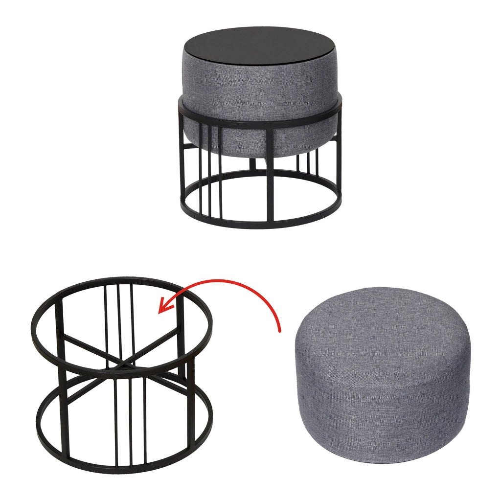 Set 2 Pouf TAS Reversibili Impilabili Seduta Imbottita e Piano Rigido Circolare 38xØ38 cm Grigio Scuro [en.casa]