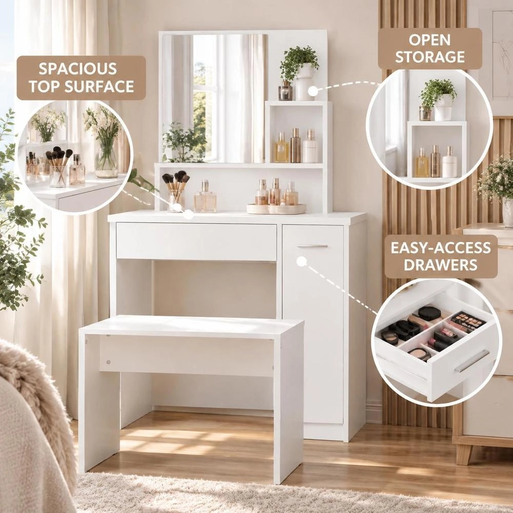 Dressing Table With Mirror, High-gloss White, 86.5x35x136 Cm