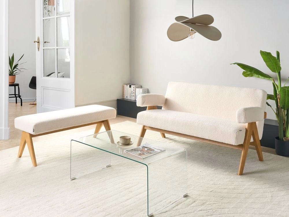 Set di divani Bianco Sporco e marrone chiaro Divano a 2 posti Panca Boucle Rivestimento Retro Design Gambe di legno Soggiorno