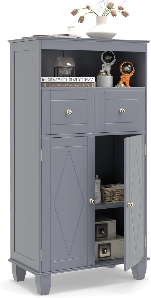 Mobile per Bagno, Armadietto Moderno Salvaspazio con Ante, Ripiani, Cassetti e Piedi in Legno di Pino Massiccio, Mobiletto per Soggiorno, Corridoio e Ingresso, 56 x 30 x 108 cm (Bianco)