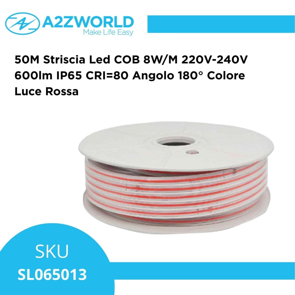 50M Striscia Led COB 8W/M 220V-240V 600lm IP65 CRI=80 Angolo 180° Colore Luce Rossa
