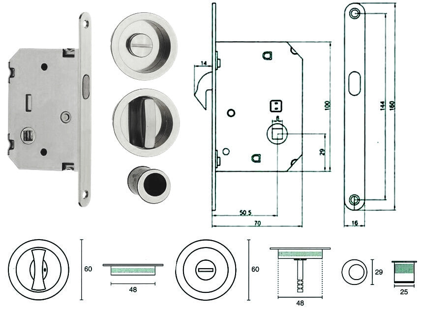 SERRATURA INFILARE PER PORTE SCORREVOLI B. TONDO CR. SATINATO E0262N51  mm.50 frontale con incontro cromo sat.    TELESE