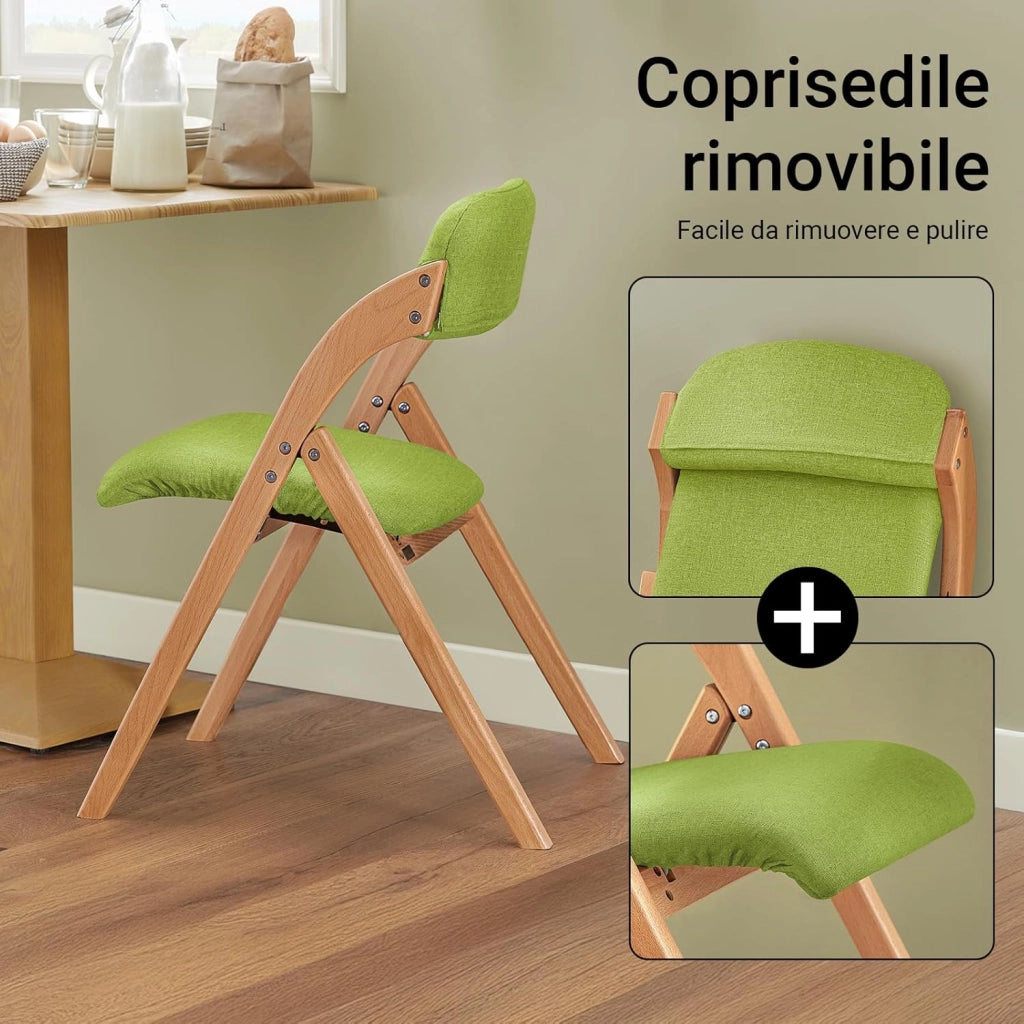 Sedia Pieghevole in Legno – Poltrona Imbottita da Cucina, Sedie da Interno Ufficio, Balcone, Giardino – Sedie Pieghevoli Salvaspazio Richiudibili in Faggio, Verde FST92-GR