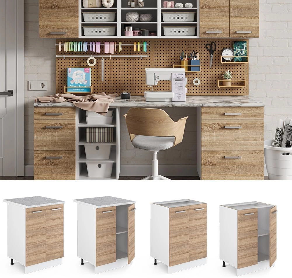 Base universale R-Line, Sonoma, 60 cm con ante, senza piano di lavoro, per la conservazione di utensili domestici e prodotti per la pulizia