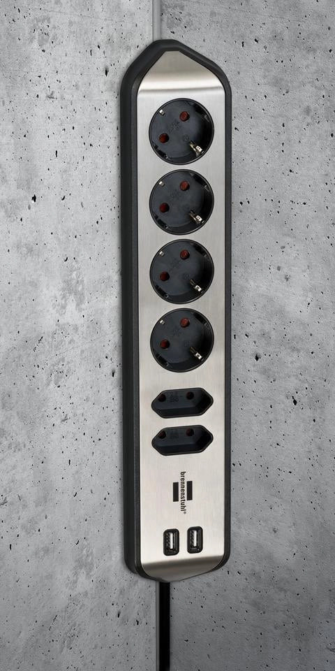 Brennenstuhl 1153590610 prolunghe e multiple 2 m 6 presa(e) AC Interno Nero, Argento