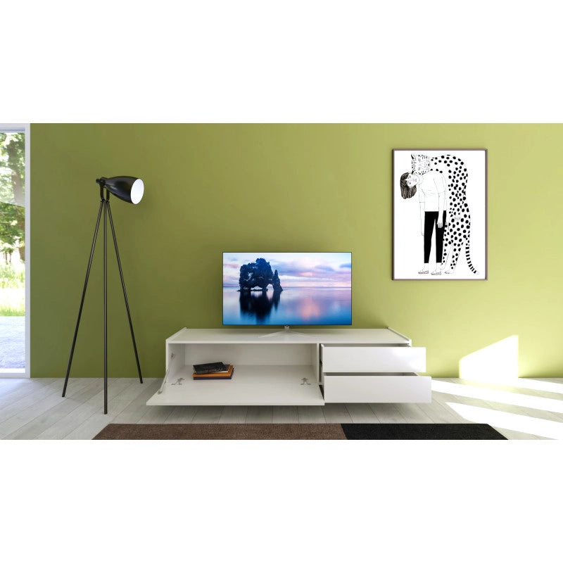 Porta TV moderno 1 ribalta/2 cassetti 160x42x40 cm Solaria - Bianco Lucido