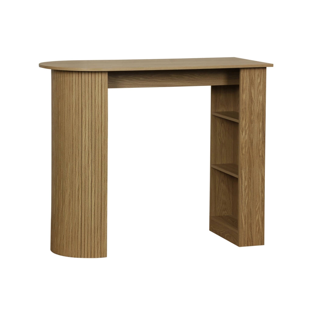Tavolo alto da cucina decorato in legno con ripostigli, marrone