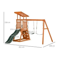 Set con Scivolo, 2 Altalene da Giardino e Parete da Arrampicata in Legno per Bambini Età 3-8 Anni