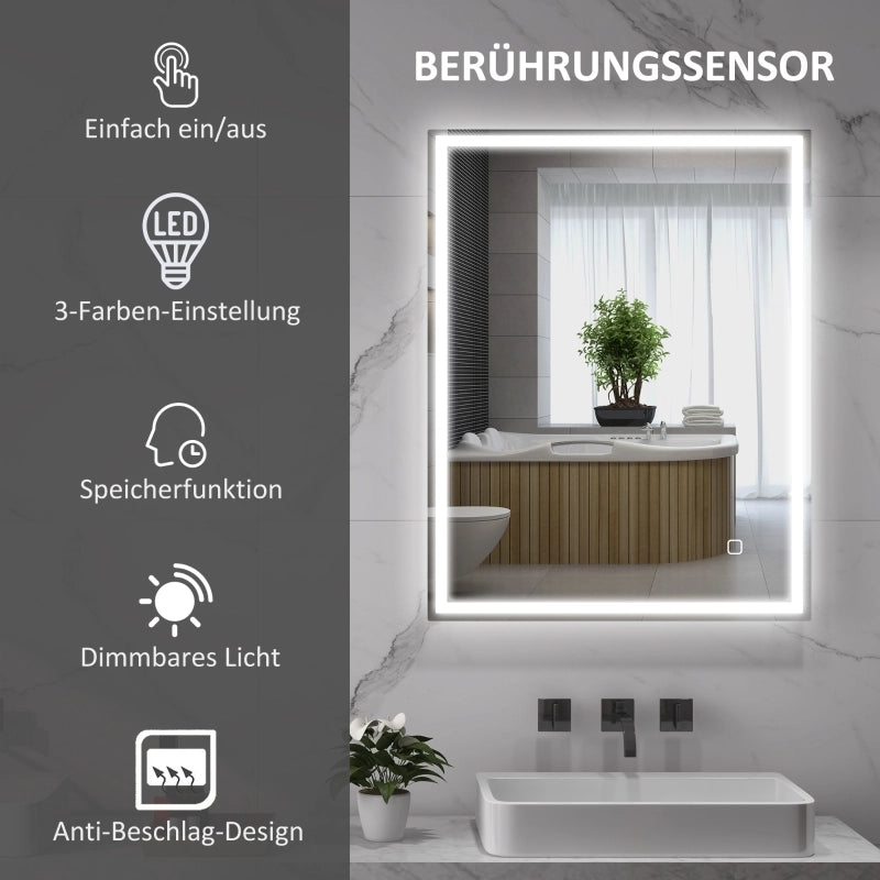 Specchio da bagno LED 90x70 cm con luce a 3 colori, funzione antiappannamento e touch, argento