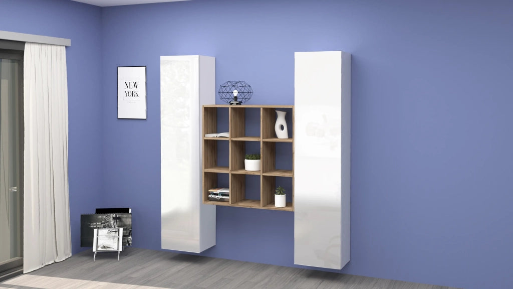 Parete attrezzata bianca sospesa 2 armadi libreria 9 ripiani Pella WH