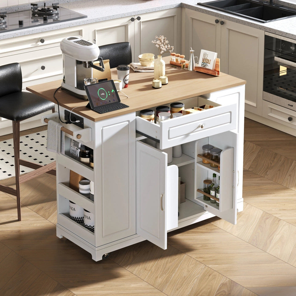 Isola da cucina mobile - Zephmum - Con tavolo estraibile e cassonetto rifiuti (Bianco)