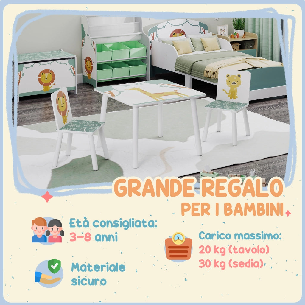 Set Tavolino e 2 Sedie per Bambini 3-8 Anni in MDF Fantasia con Animali Verde