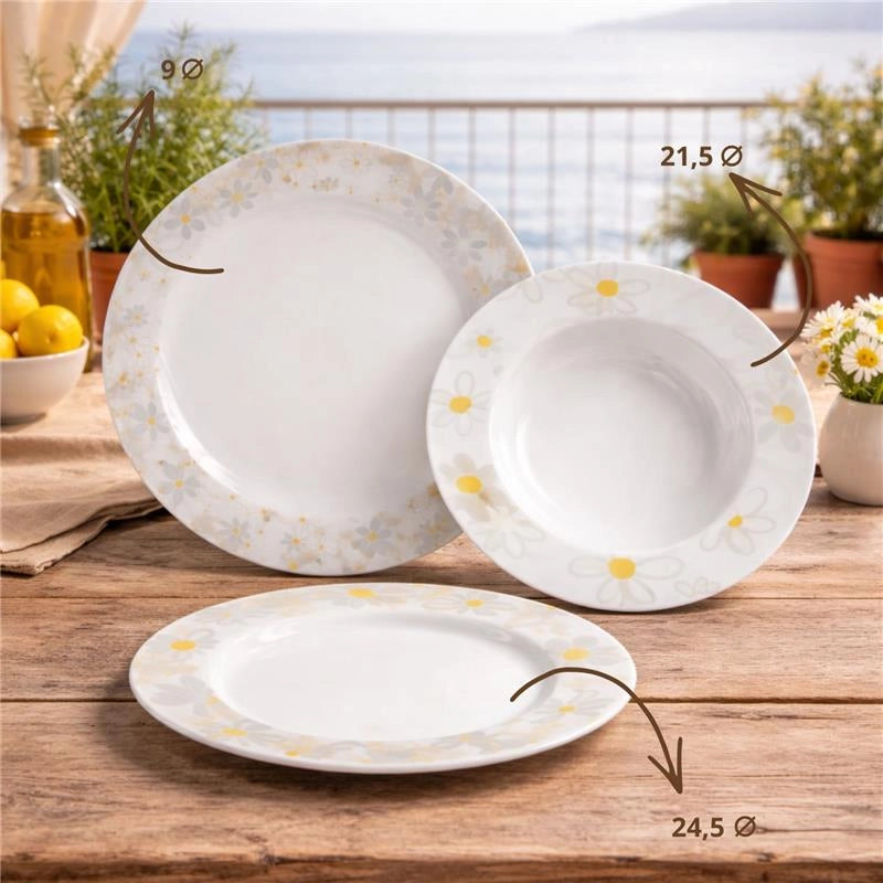 MA MAISON SERVIZIO PIATTI 18 PEZZI IN PORCELLANA CON MARGHERITE, SET TAVOLA 6 PERSONE 6 PIANI 6 FONDI 6 DESSERT BIANCO