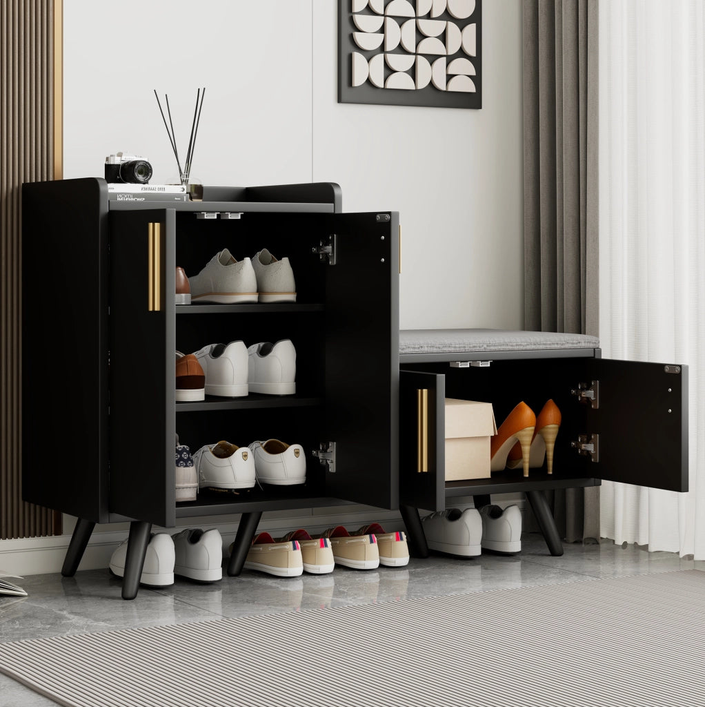 Scarpiera con seduta imbottita 120x34x82 cm in truciolare e metallo; nero e noce scuro