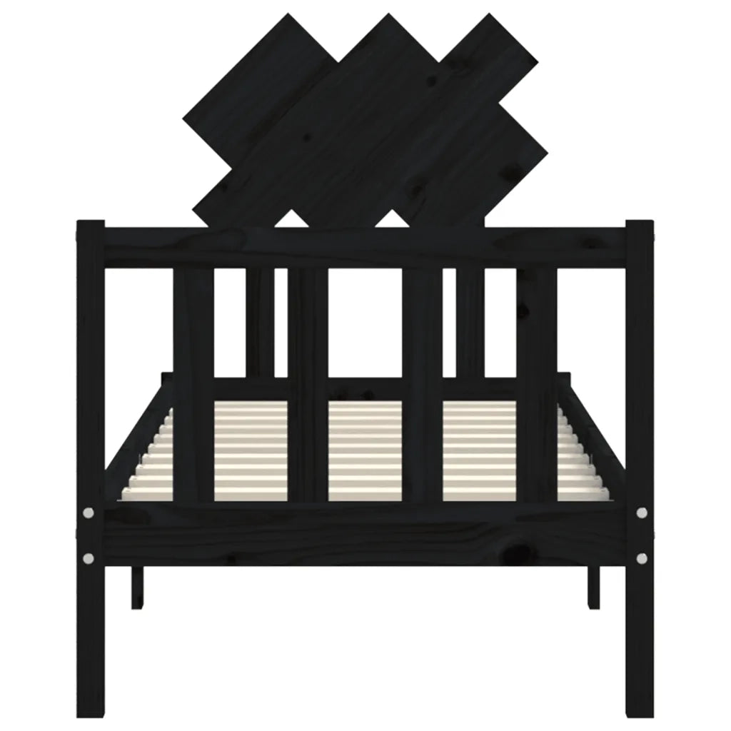 Letto singolo | Letto per adulti | Giroletto con Testiera Nero Small Single in Legno Massello