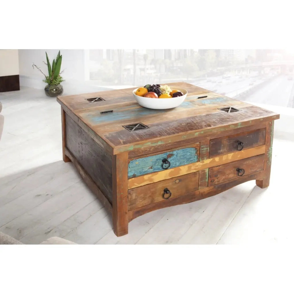 Tavolino basso PATCHWOOD quadrato 70 cm in legno riciclato multicolore con cassetti e baule