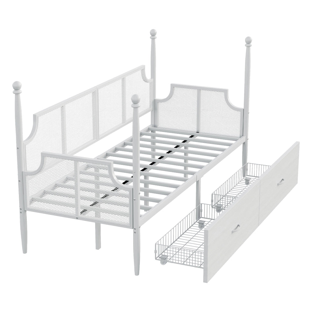 Divano letto in metallo 90 × 200 cm 1 posto con 2 cassetti, senza materasso, metallo, bianco