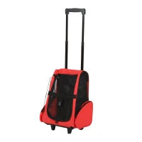 Trasportino Zaino 2 in 1 per Cani e Gatti con Tasche Laterali, Maniglia Telescopica e Ruote, 42x25x55cm, Rosso